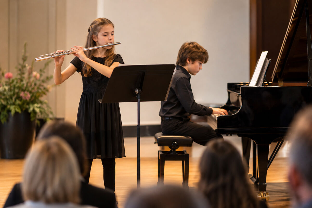 Schülerinnen und Schüler aus verschiedenen Instrumentalklassen präsentieren in Solo- und Duobeiträgen ihr Können. Foto: Ki-generiert